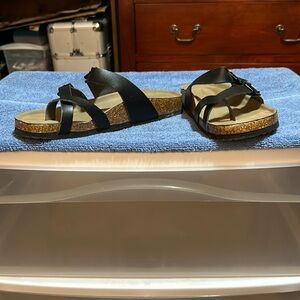 Footbed Sandal, Leather Upper.  US8 Med Width. Black, cork sole